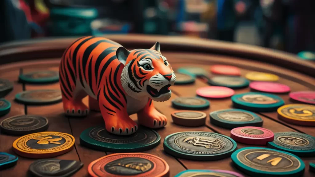 Figura de tigre em miniatura e fichas de apostas coloridas em uma mesa de madeira em mercado vibrante.