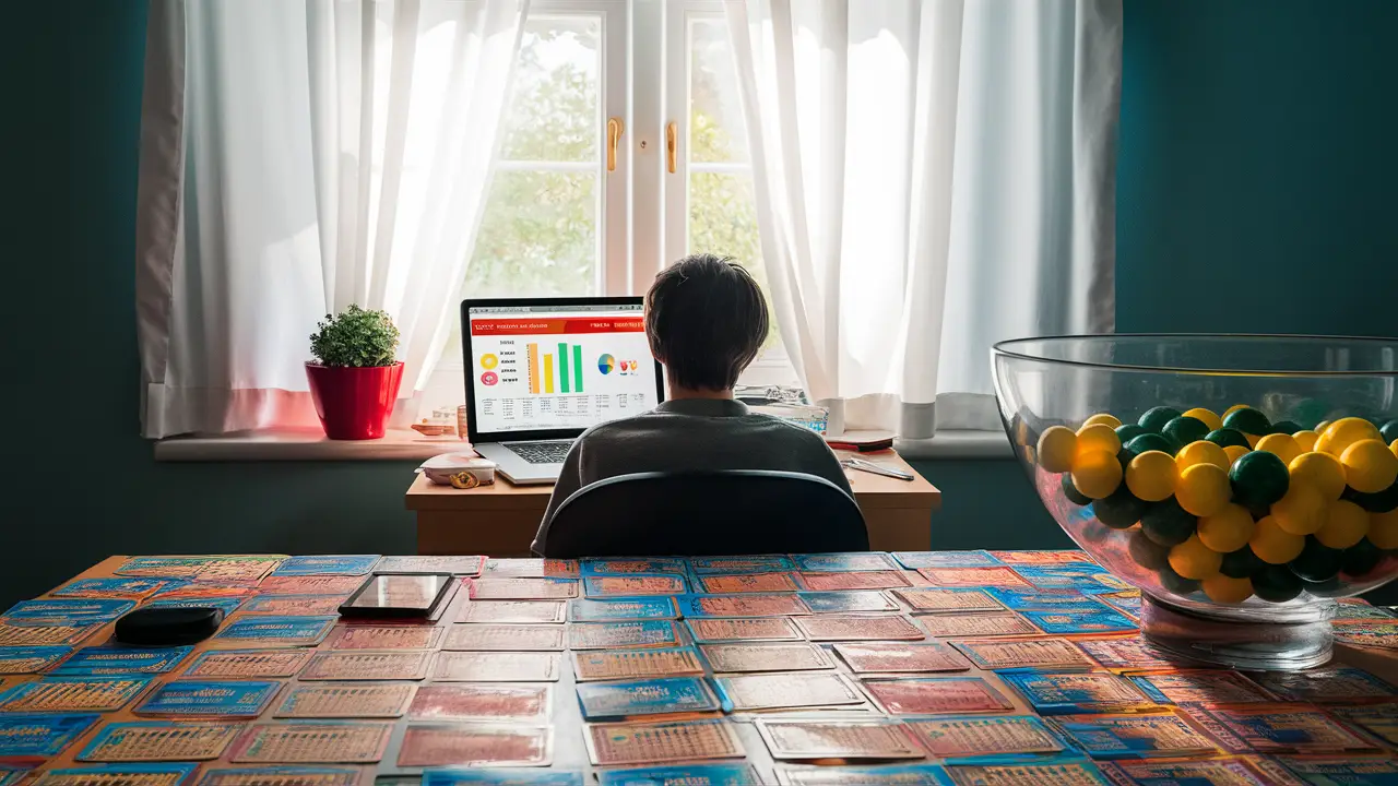 Pessoa em mesa com bilhetes de loteria, tigela com bolas amarelas e verdes, laptop aberto com gráficos ao fundo e planta na janela.